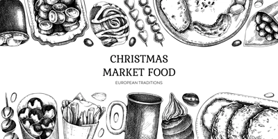 Traditional European Christmas market food border. Fast food menu design elements. Vintage hand-drawn vector illustration. Pastry, sweets, grilled sausages, hot drinks sketches. Christmas background